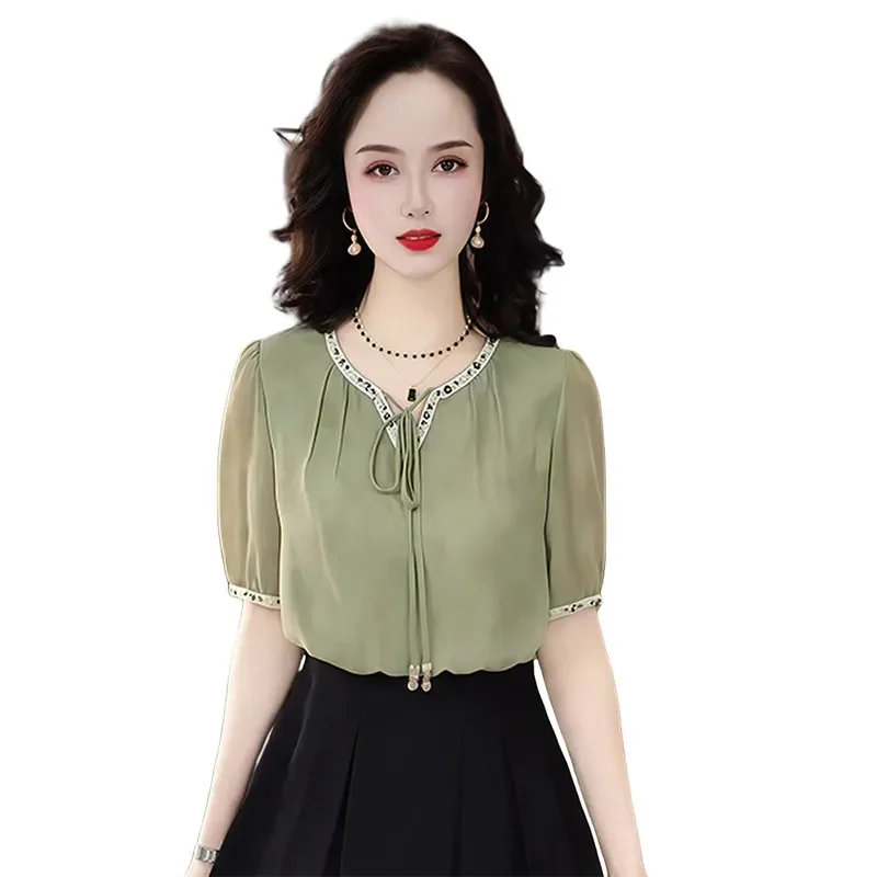Blusa de gasa verde salvia para mujer, cuello recortado, pajarita, manga corta, elegante top de oficina