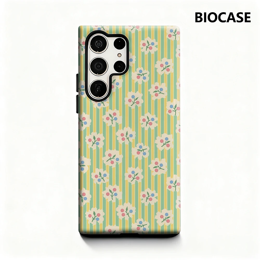 Handyhülle mit Vintage-Blumen- und Beerenstreifen für Samsung Galaxy S25 Ultra S24 S23 Ultra Plus, glänzende doppellagige Rückseite