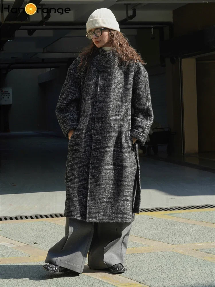 HanOrange 2024 Winter Chinese Cowhorn Button Woolen Coat Women Loose Thick Heavy Coat Female Black White Plaid/Warm Brown Camel