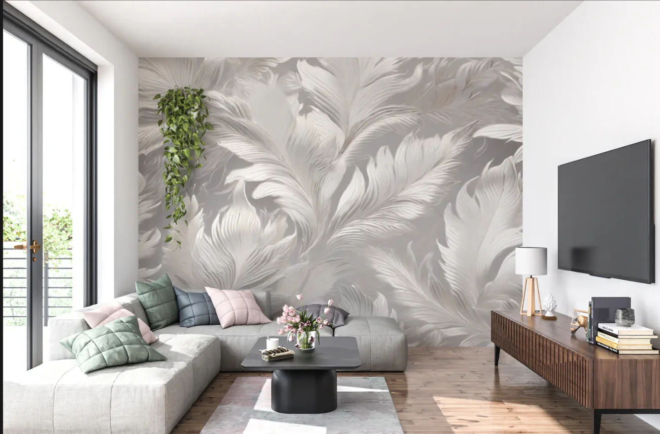 Elegant Grey and White Feather Custom Wallpaper Mural Modern Nordic Background Wall Living Room Bedroom Hotel Decoration