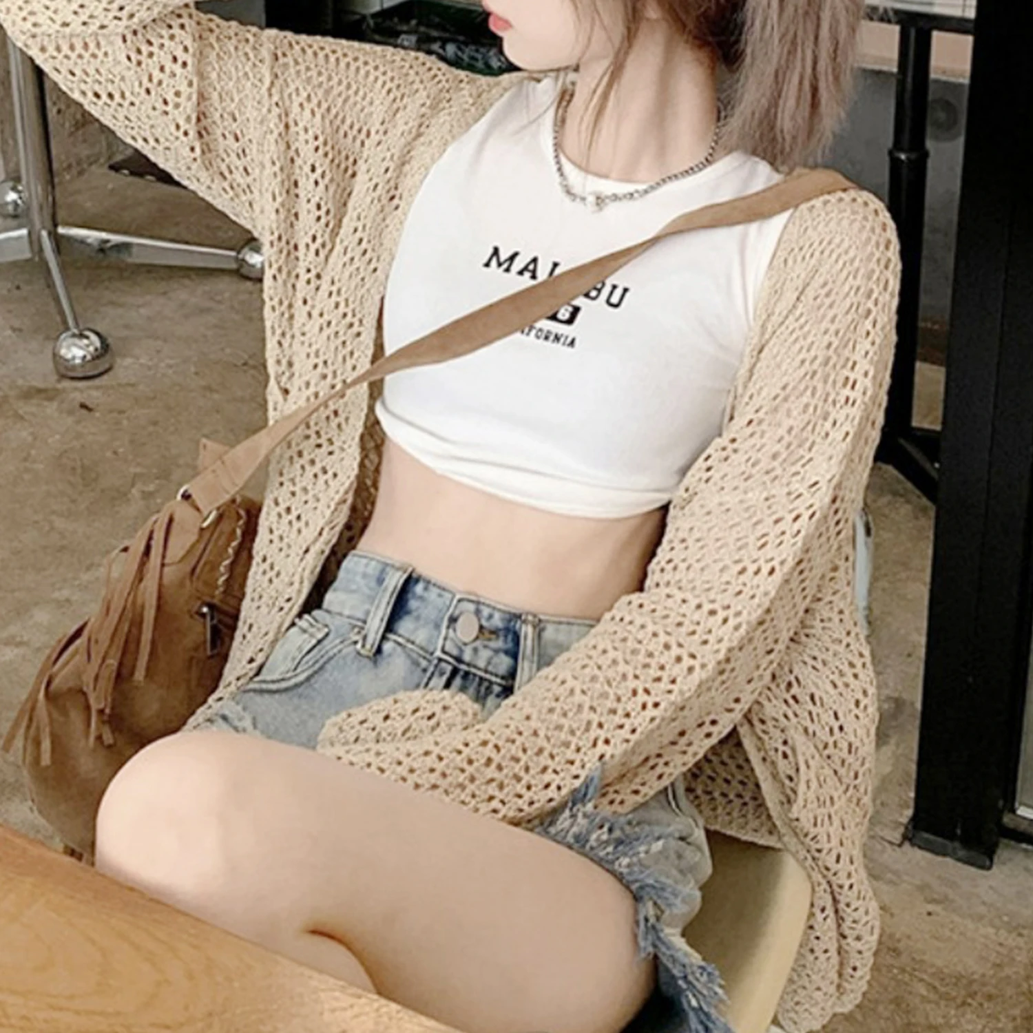 

One Size Women's Hollow Out Knitted Cardigan, Oversized Open Front Long Sleeve Loose Crochet Cover Up, Casual Summer Beach Outer