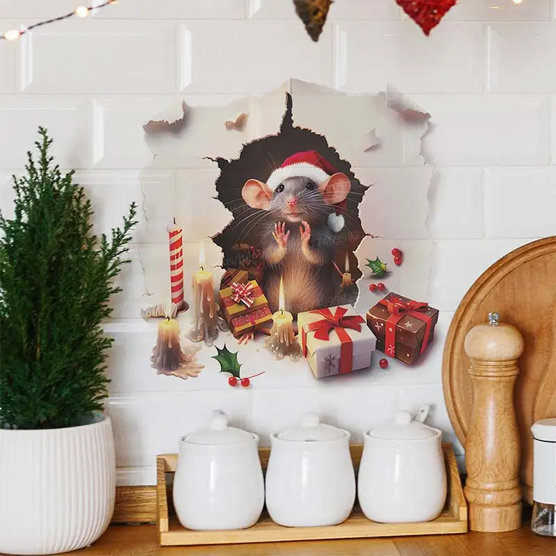 Weihnachten Maus Loch Dekoration Nette Cartoon Wand Aufkleber Wohnzimmer Wand Rand Hause Dekoration Wasserdicht Aufkleber M1050 – Detail 4