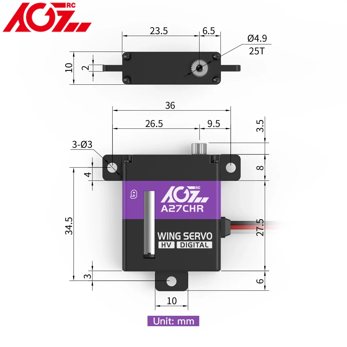 AGFRC A27CHR 11 كجم عزم دوران عالي HV Coreless CNC Shell مع ترس فولاذي قوي للغاية 10 مللي متر جناح مؤازر لطائرة RC الطائرات بدون طيار