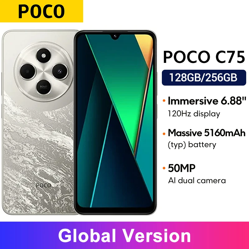 Poco c75 versão global helio G81-Ultra 50mp ai câmera dupla 5160mah bateria xiaomi hyperos nfc 6.88 ''120hz display