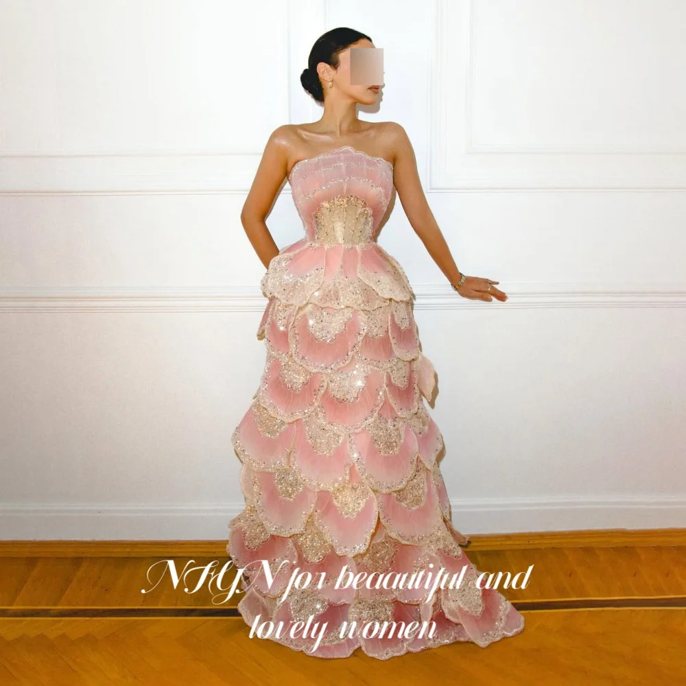 NFYN Dreamy Blush Pink Strapless Evening Dress Petal Ruffle Beaded Crystal Prom Gown Long Floor Tiered Party Dresses Customized