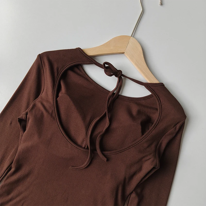 Rückenfreies Sporttop mit Trägern und Brustpolster für Damen, Hochwertige Gym-, Pilates- und Yoga-Bekleidung, Schnelltrocknendes Fitness-Langarmshirt – Detail 12