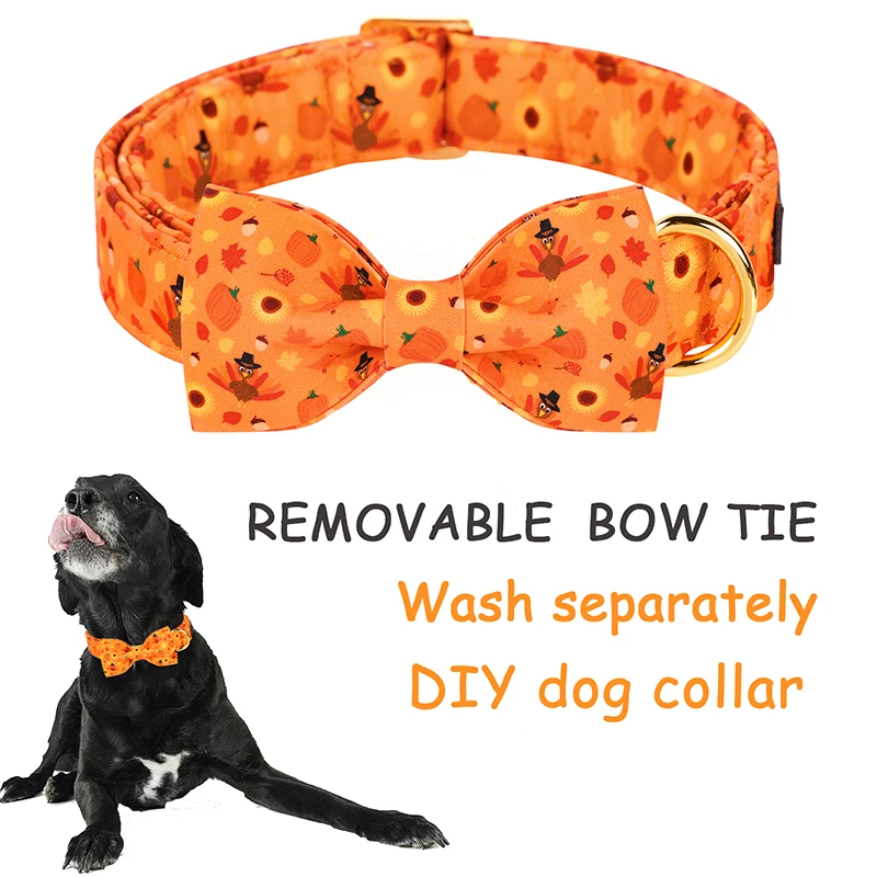 Personlized Fall Pumpkim Dog Collar with Bow Thanksgiving Turkey Puppy Collar Flower Dog Collar Large Medium Small Dog