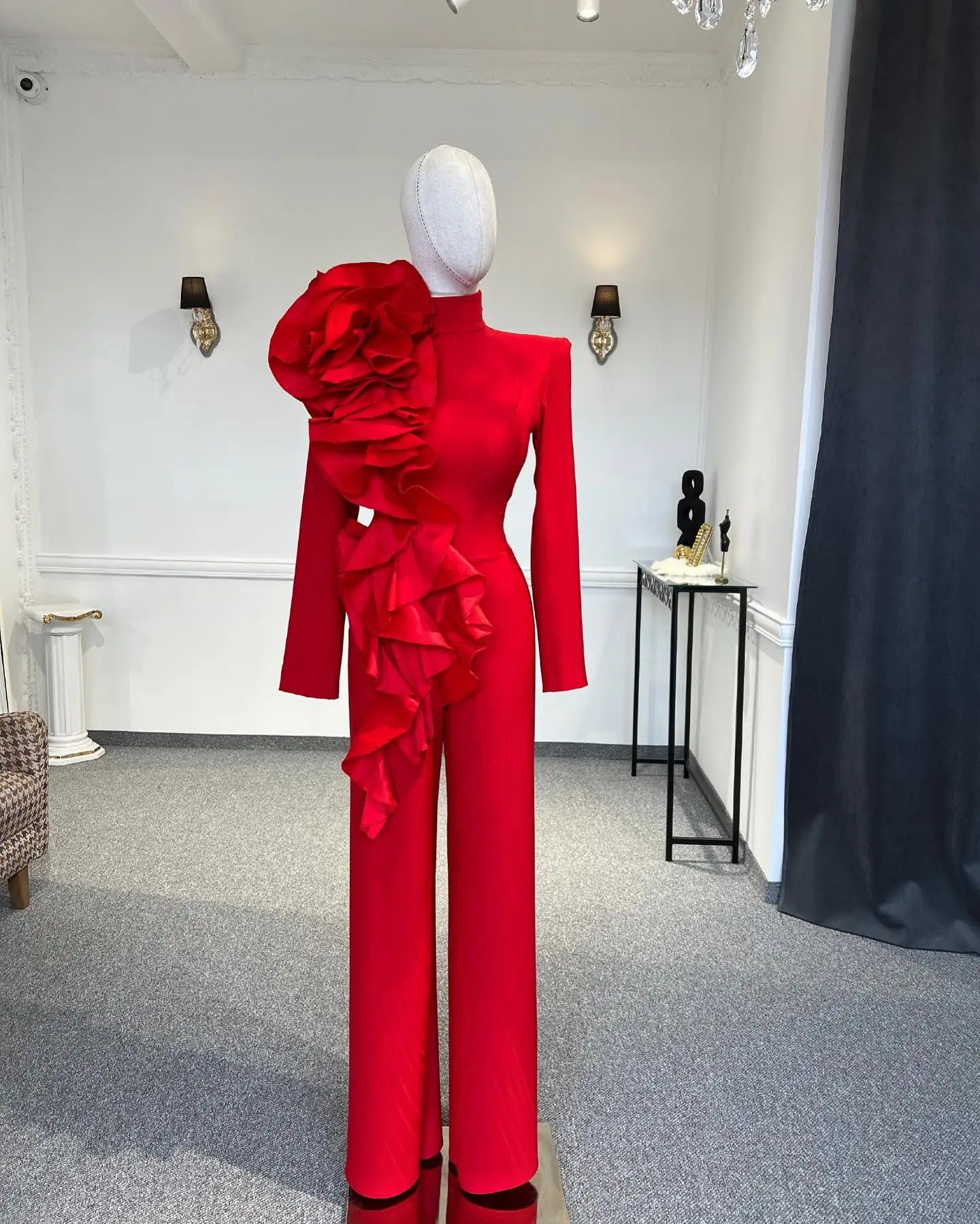 Red Stretchy Arabic Women Jumpsuit With Ruffles Flower High Collar Full Sleeves Middle East Evening Gowns Wedding Guest Dress