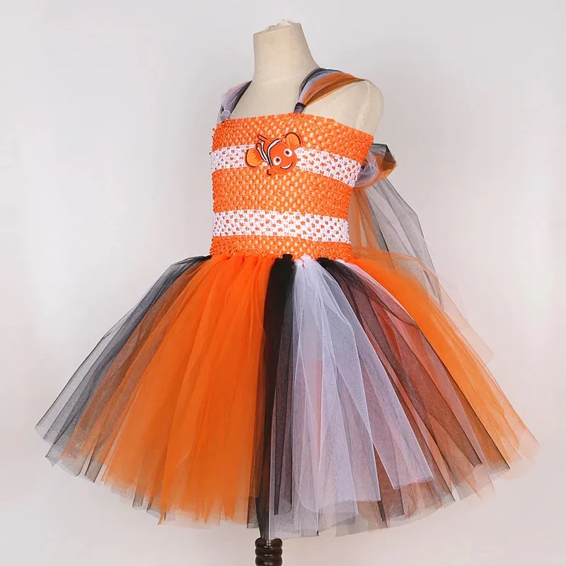 Baby Girls Orange Clownfish Tutu Dress for Kids Ocean Fish Halloween Costumes Child Christmas Birthday Cartoon Outfits with Bow