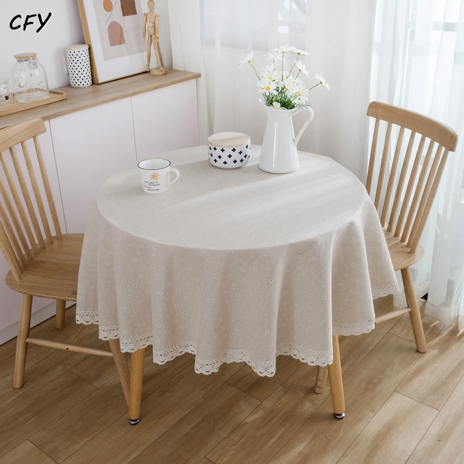 Cotton Linen Japanese Daisy Print Round Tablecloth Chicken Dining Table Cover Coffee Table Cloth Round Tablecloth