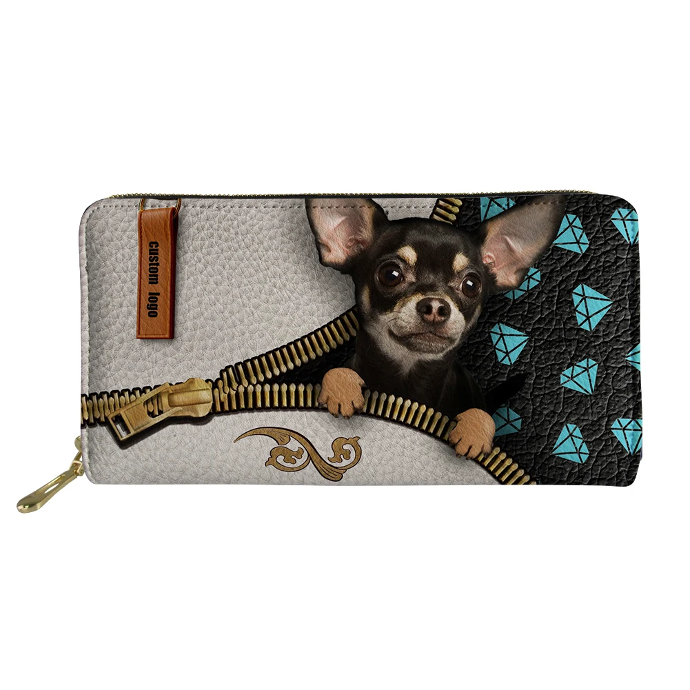 Cute Chihuahua Dog 3D Zipper Design portafogli lunghi portafoglio donna Leather Ladie Daily Card Holder Casual Money Bag Sac a main