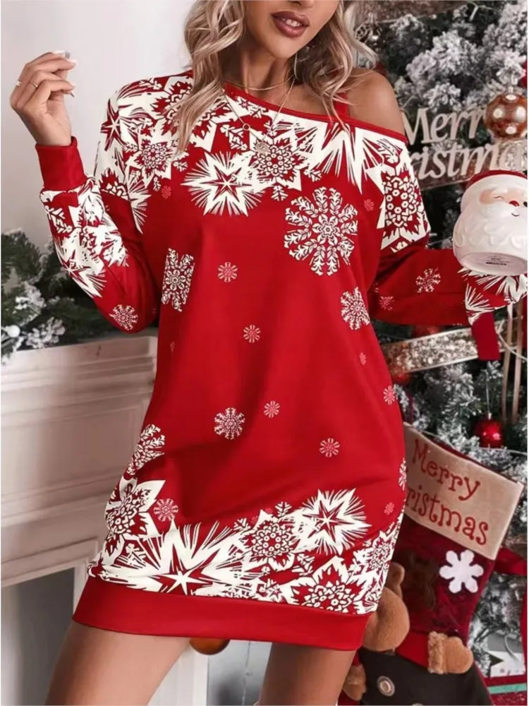 spring Sexy women's Off Shoulder Loose Pullover Dress Christmas Snowflake Print Long Sleeve Diagonal Shoulder Dresses For Women