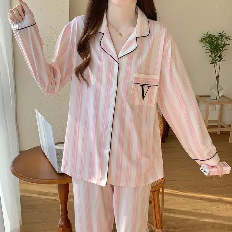 Pijamas Women Long-sleeved Pajamas Women's Autumn Winter Sleepwear New Simple Striped Loose Large-size Cardigan Loungewear Set