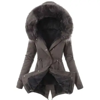 Warme Winter-Damen-Daunenjacke aus Baumwolle mit Kunstpelz und Kapuze, lässige Oberbekleidung, langer Mantel