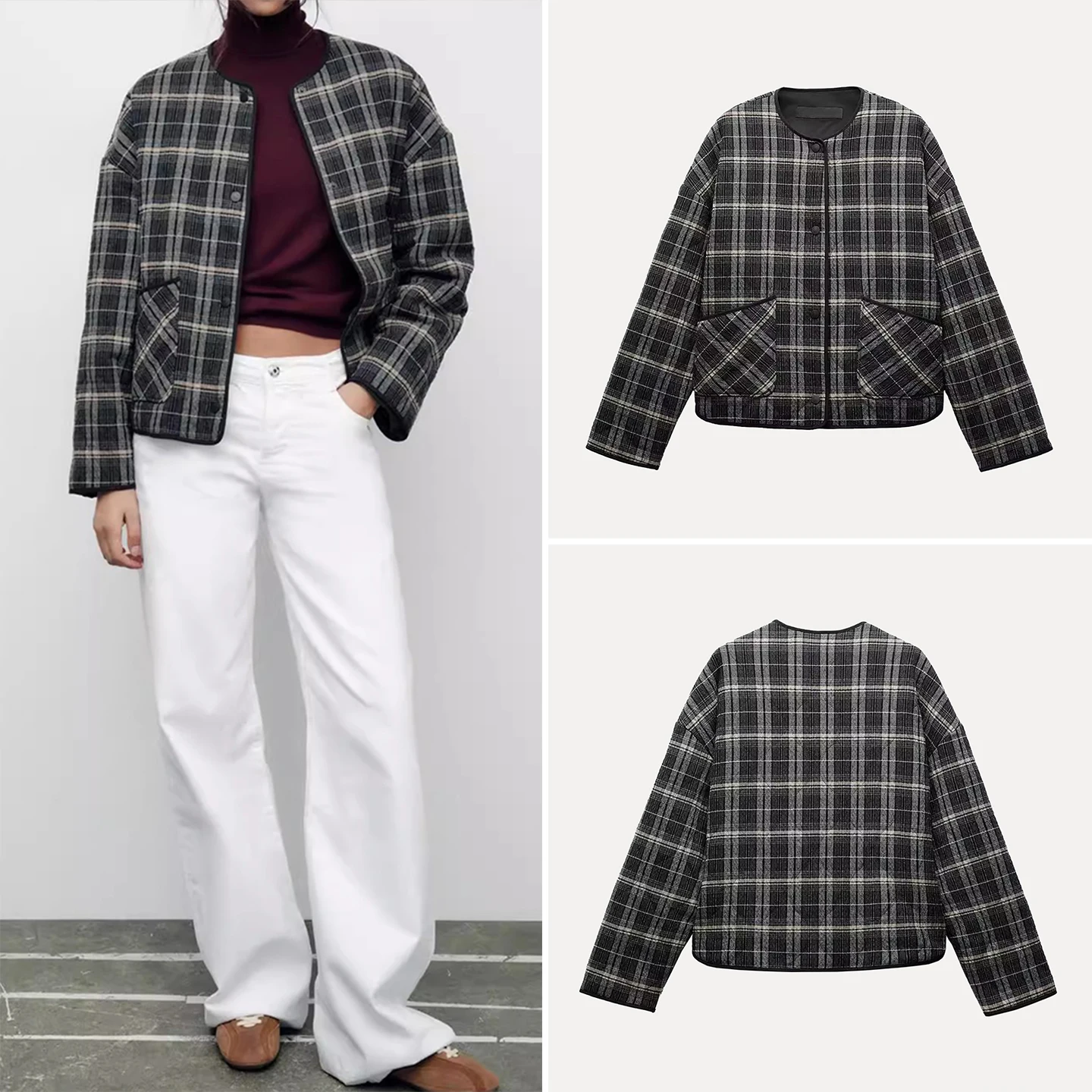 

Faionable Plaid Long Sve round Ne Jaet Women's Sle Autumn New Arrival Z Stand Fit ort Coat Button Closure