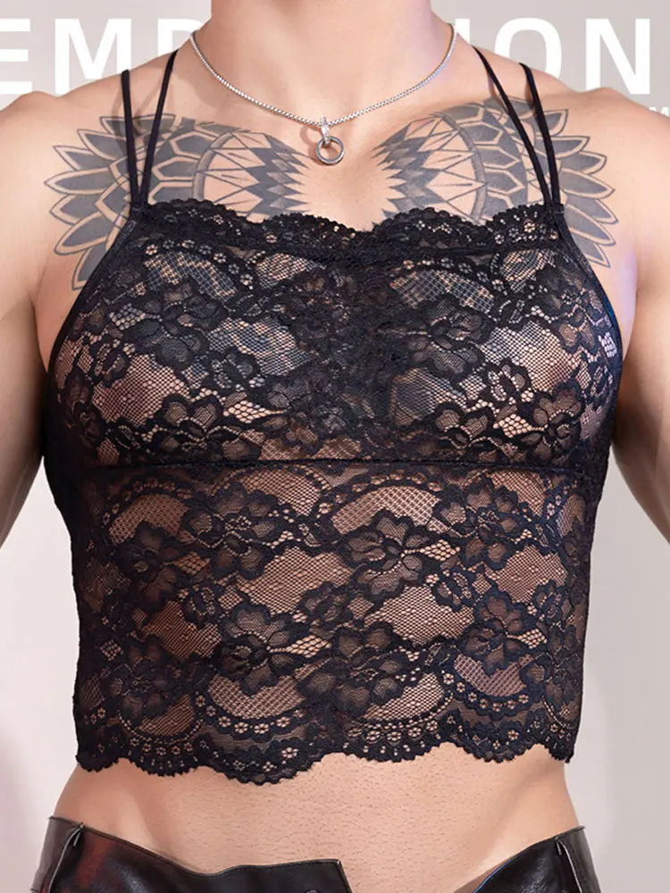 

Men's Lace Transparent Vest Sexy Sissy Tank Tops Breathable Fashion Spaghetti Strap Crop Tops Man Backless Shaping Clothing