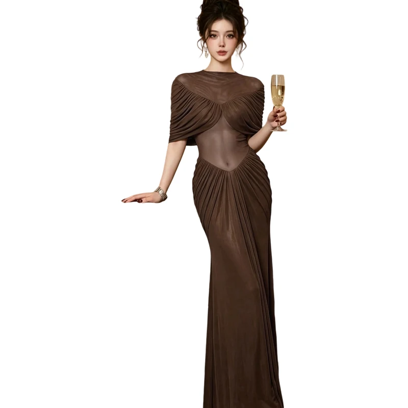 Kliou Mesh Durchsichtiges Abendkleid Damen Sommer Trend O-Ausschnitt Kurzarm Tailliertes Midikleid für Mitternachts-Prom-Partys Gerafftes Elegantes Kleid – Detail 2