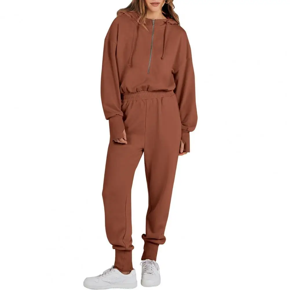 

Fake Two-piece Jumpsuit Women Hooded Elastic Waist Solid Color Elegant Jumpsuit Loose Sport Zipper Long Sleeve Jumpsuit