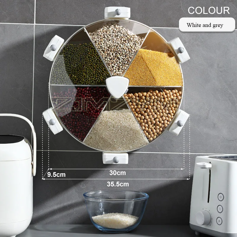 6Grids Grain Storage Container 360°Rotated Wall-Mounted Grain Dispenser Insect-proof Moisture-proof Household Rice Sealed Bucket