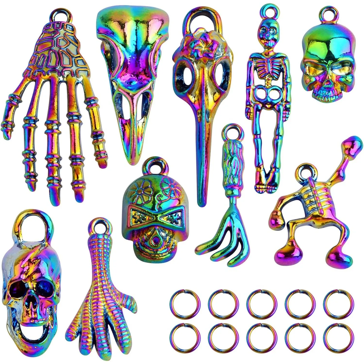 10 Uds. De dijes de cabeza de calavera de Color arcoíris, colección de aleación, colgantes de hueso de esqueleto de Halloween para pulsera DIY, fabricación de joyas