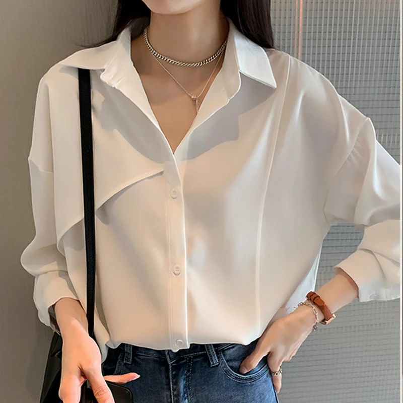 

Women Solid White Chiffon Shirts Chic Korean Loose Casual Streetwear Autumn Long Sleeve Lapel Button-up Woman Shirt Tops camisa