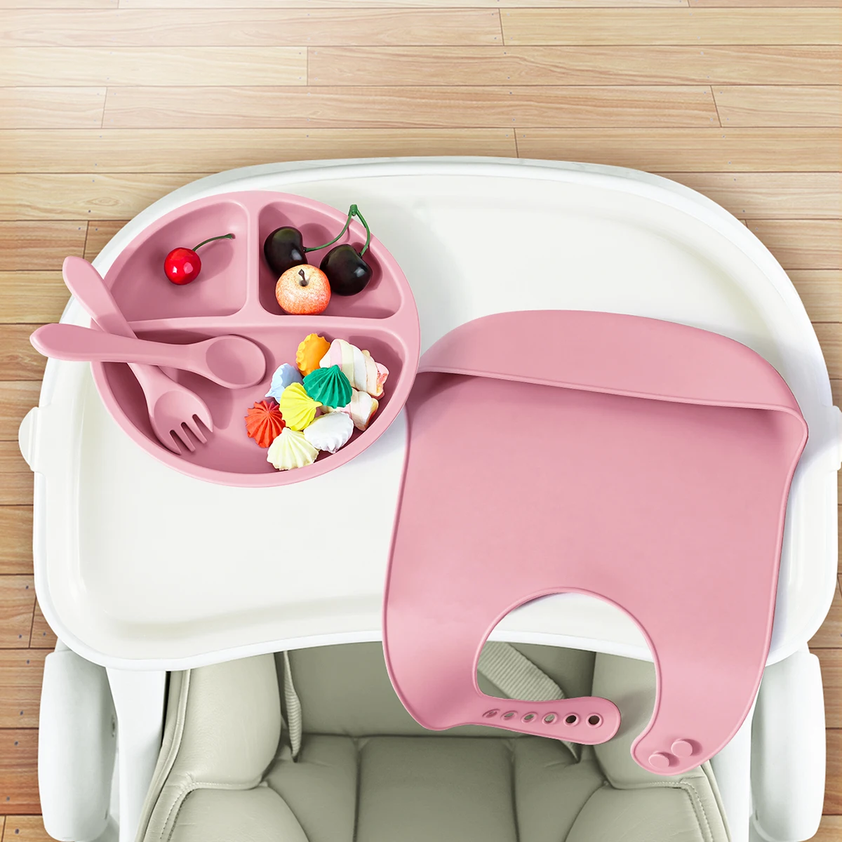 

4PCS Silicone Children Tableware Baby Feeding Set Silicone Dinner Plate Wood Handle Spoon Fork Silicone Bibs BPA Free