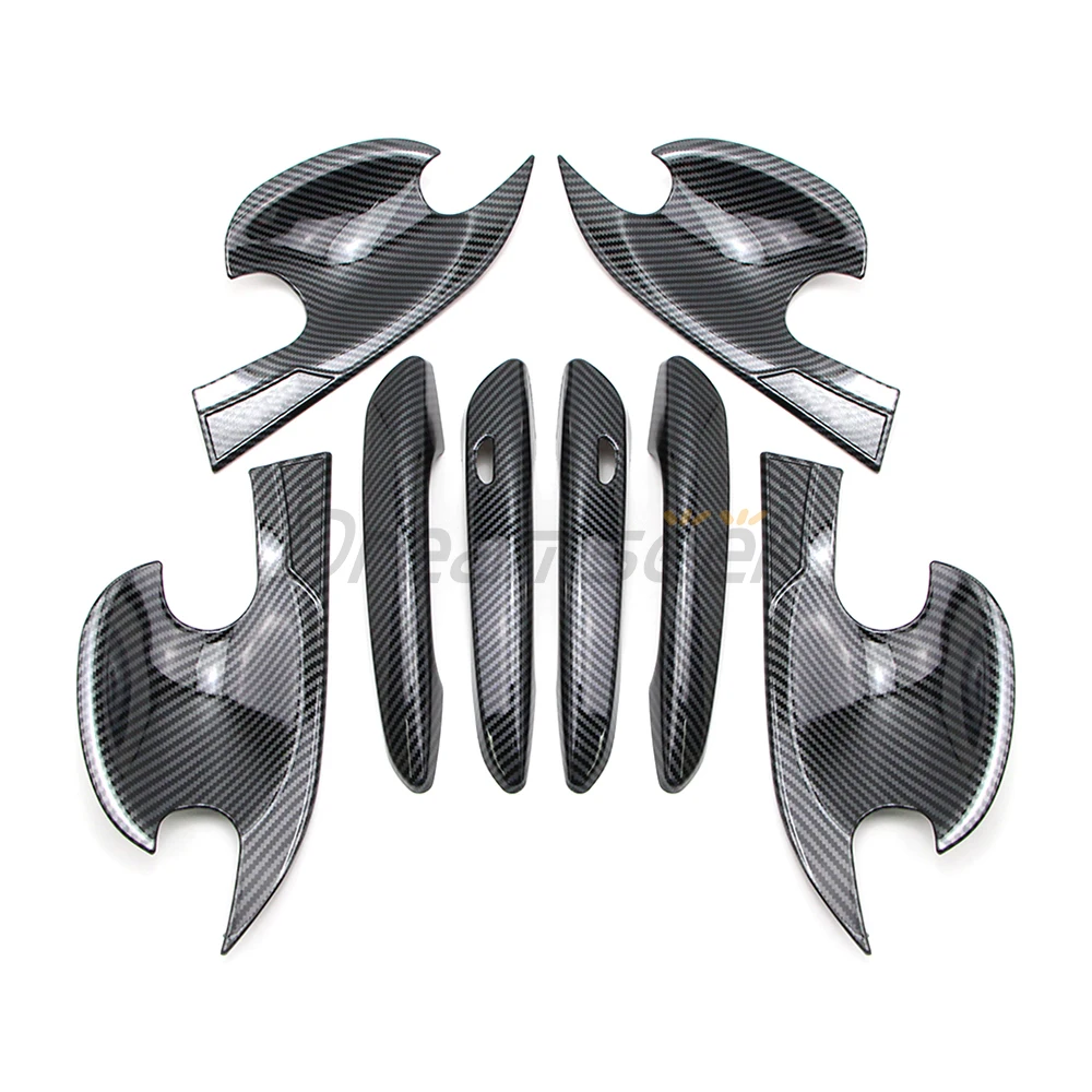 8PCs Car Door Handle + Bowl Cover Molding Trim For Mazda 3 BP 2019 2020 2021 2022 Carbon Fiber Look With Smart Key Hole