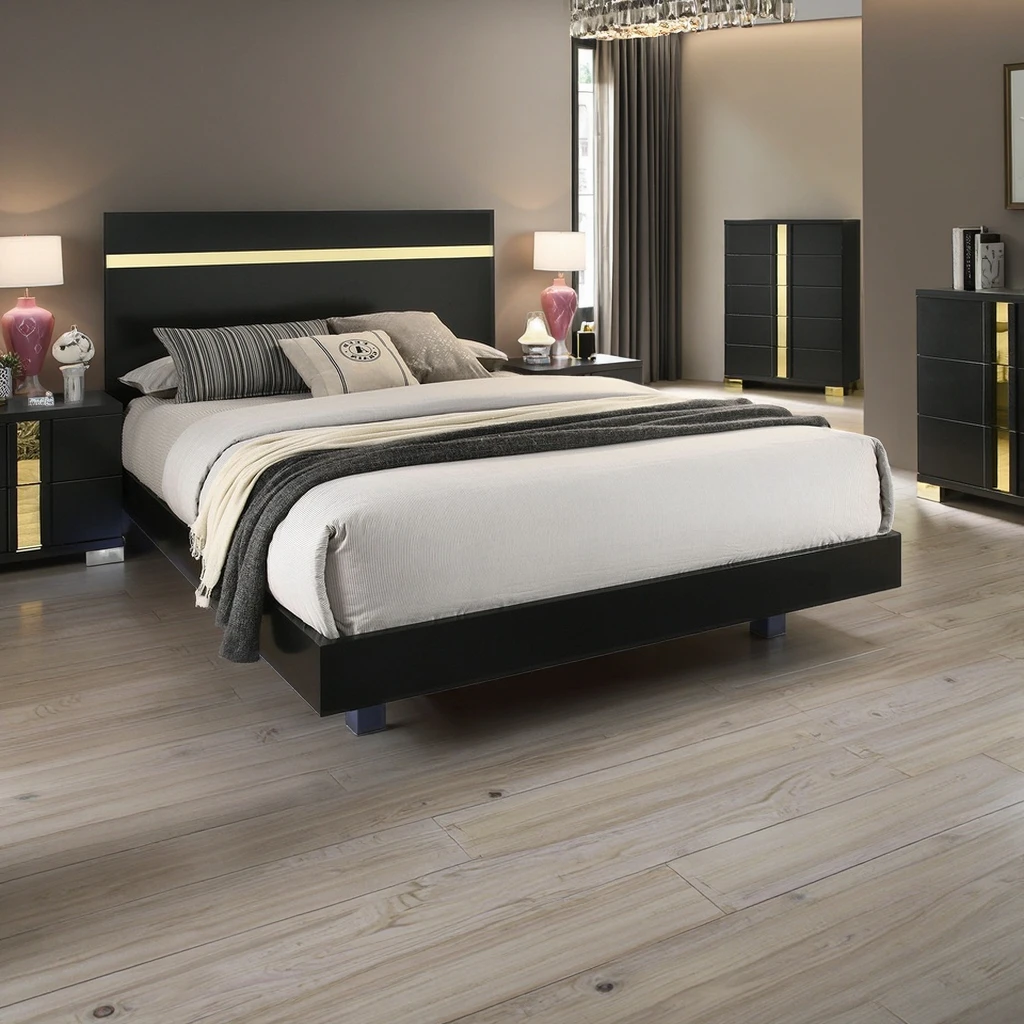 

Современный черный комплект мебели для спальни из 3 предметов: кровать размера King с LED-подсветкой, 2 прикроватные тумбочки, акриловая отделка