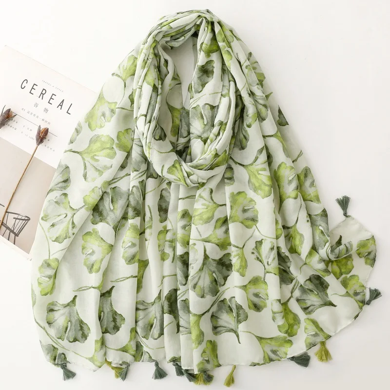 

Women Viscose Scarf Big Size 88*180cm Cotton Linen Feeling Soft Green Maple Leaf Shawl Tassel Hijab Wrap Pashmina Soft Beach