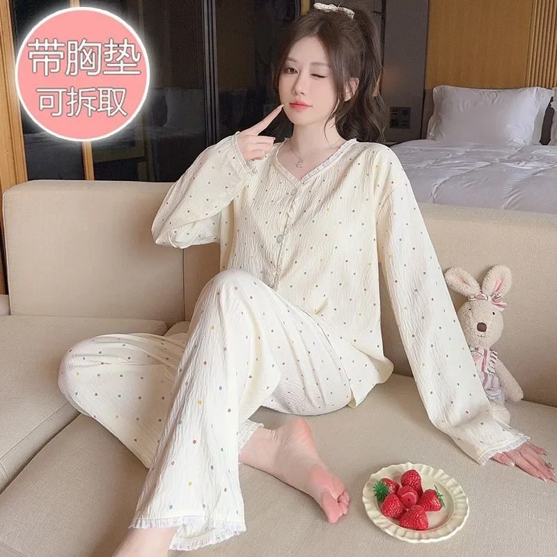 5XL Pigiama primaverile con stampa di grandi dimensioni Donna Coreano Nuvola Cotone Sleepwearl Maniche lunghe Pettorina Cardigan Pantaloni Abbigliamento esterno