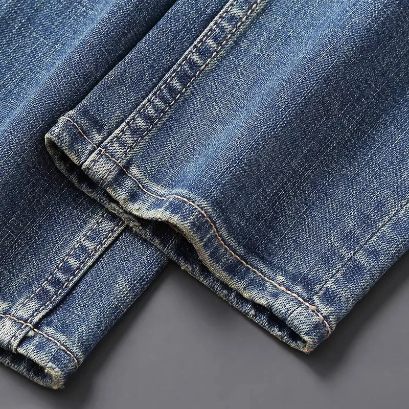 European Retro Fashion Men's Jeans Slim Fit Split High Quality Retro Blue Jeans Men's Elastic Casual Designer Denim Pants Hombre