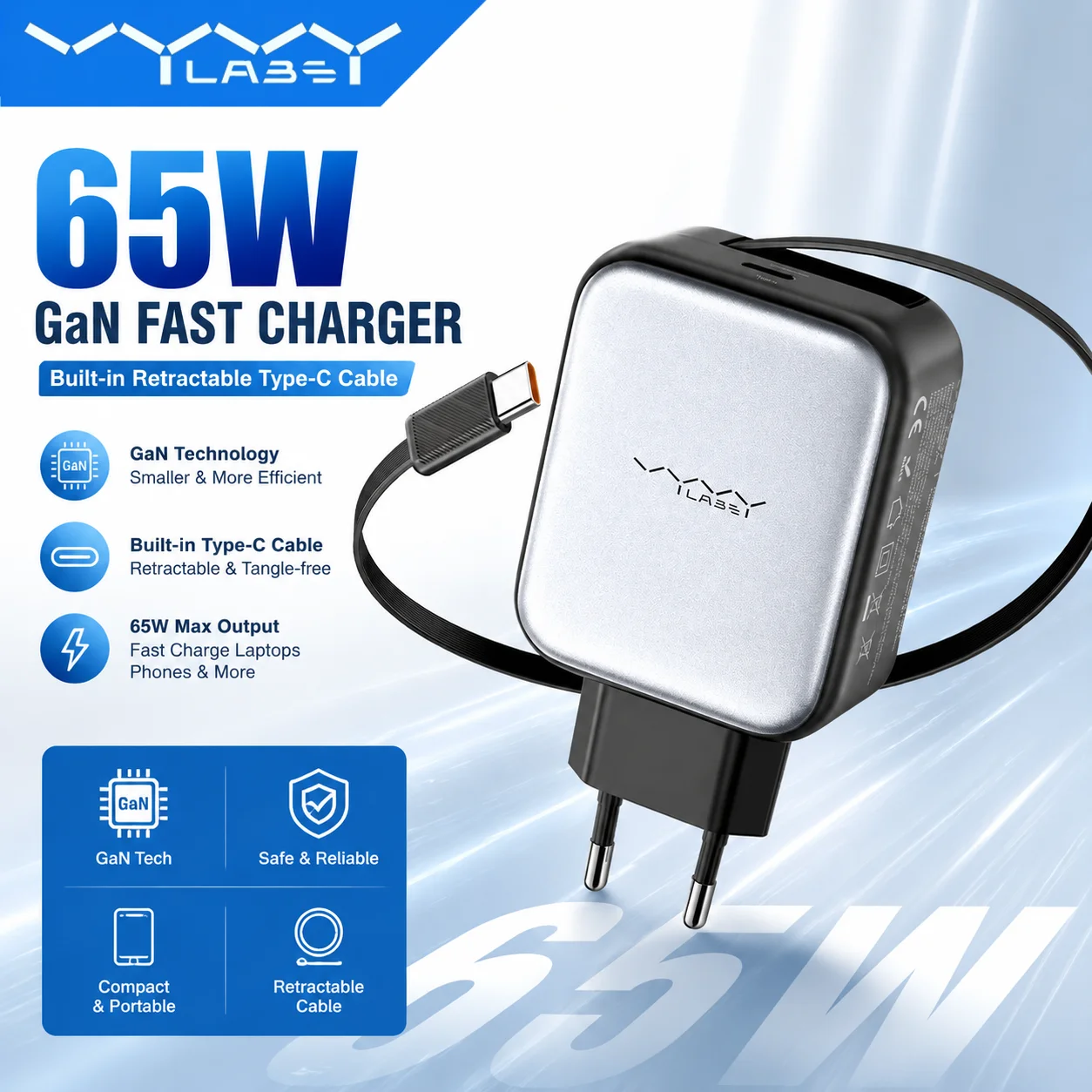 Image of Vyvylabs 65W GaN Schnellladegerät mit EU-Stecker, eingebautem einziehbarem Typ-C-Kabel, Dual-Typ-C-Anschluss, PD-Schnellladegerät für Laptop, Notebook, Tablet, für iPhone, Samsung, Xiaomi, Huawei,