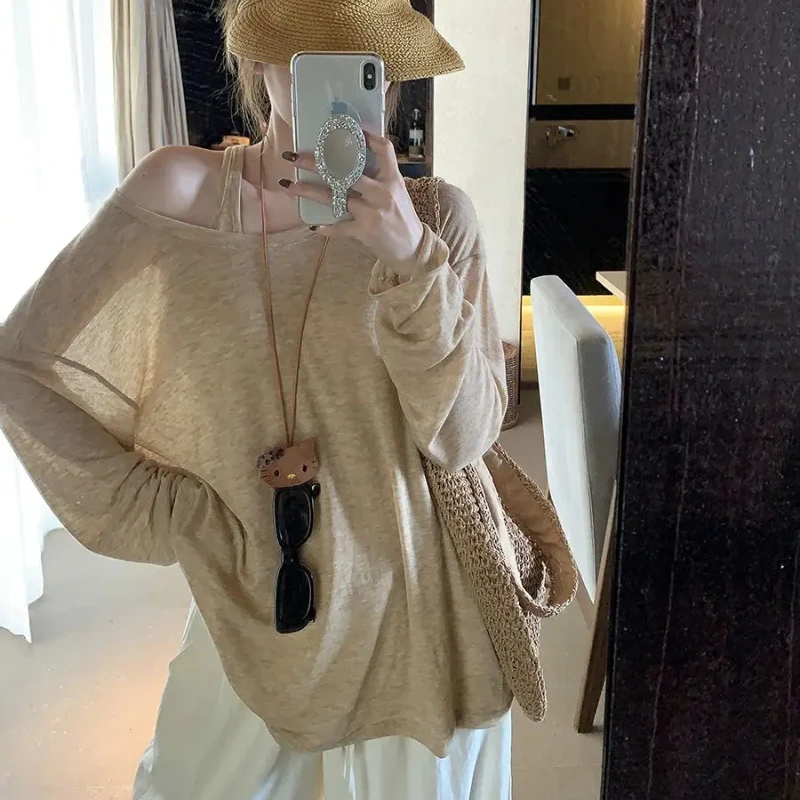 With Sleeves Long Sleeve T Shirt for Women Off Shoulder Korean Fashion Tops Woman Clothing Clearance Female Basic Streetwear Yk2