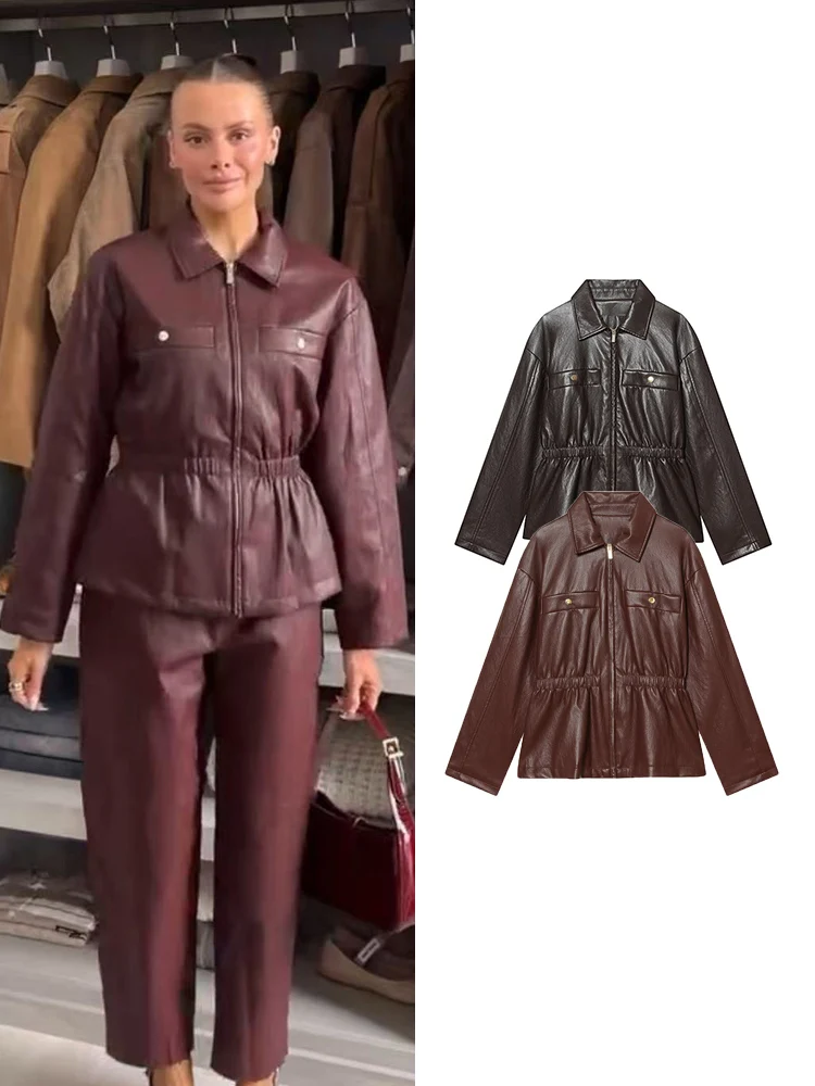 

﻿ TFMLN Women Winter Faux Leather Coats Turn-down Collar Female Long Sleeve Elastic Waist Jacket Zipper Slim Jackets Spring New