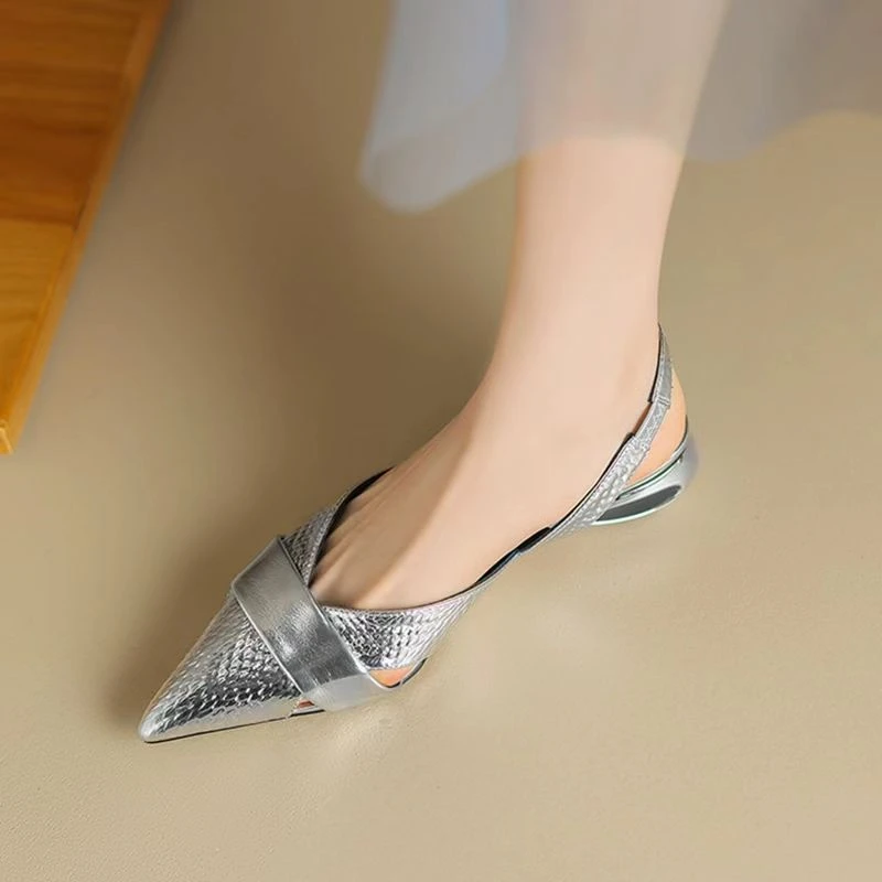 New genuine leather open-toe low-heeled silver sandals for women, chunky versatile breathable shoes, super soft