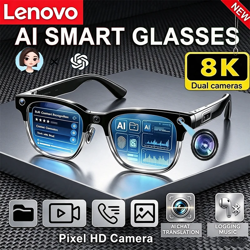 Lenovo Smart AI Glasses 8K 2400MP Men Women Hands‑Free Calling AI Chat AI Translation Logging Music Playback Smart Sunglasses