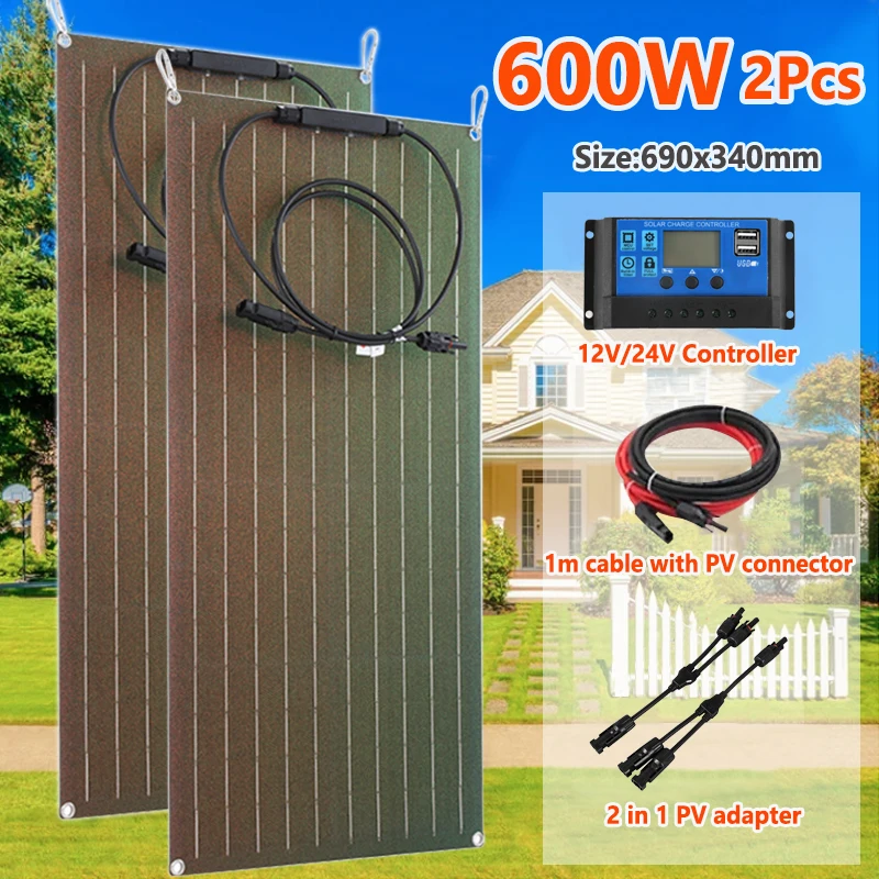 

600W 300W Solar Panel Kit 18V ETFE Flexible Monocrystalline Solar Cell Power Charger for Outdoor Camping Yacht Motorhome RV Car