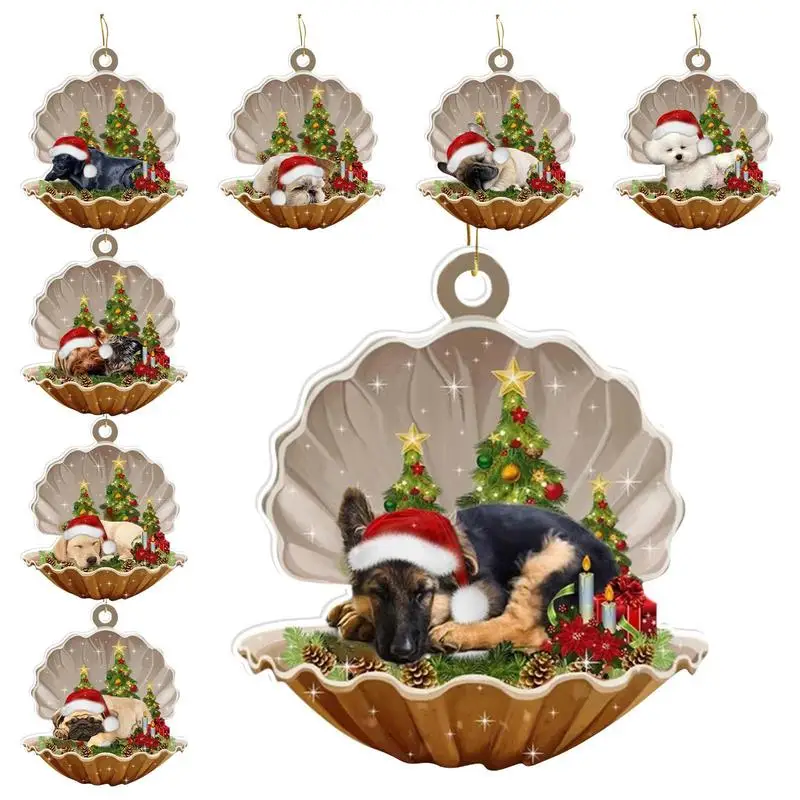 Shell Dog Christmas Ornament Cute Sleeping Dog Xmas Tree Hanging Pendants Lovely Acrylic Seafood Shell Puppy Gifts For Kids Noel