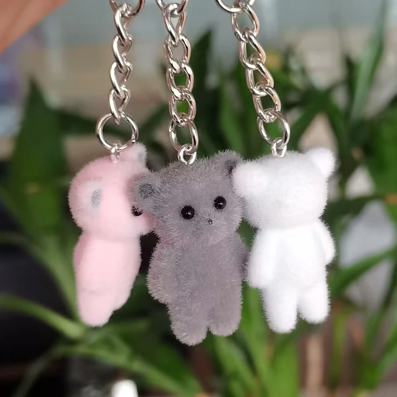 1Pc 3D Cartoon Flocking Bear Keychain for Men and Women, Kawaii Animal Key Ring, Key Chains, Souvenir Gifts, Car Keys, DIY Jewel