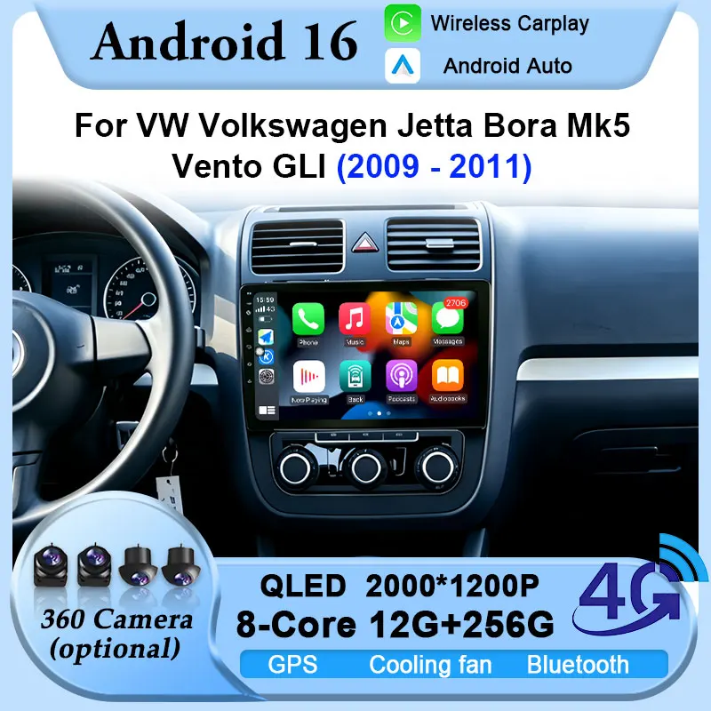 

Android 16 For VW Volkswagen Jetta Bora Mk5 Vento GLI 2009-2011 2K QLED Wireless CarPlay Auto Car Radio BT GPS Multimedia Player