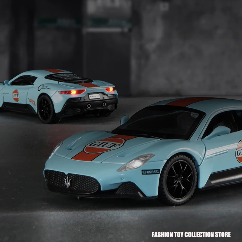 1:32 Maserati MC20 Gulf Edition Alloy Car Model Diecasts Toy With Sound and Light Vehicles Decoration Toys For Kids Gift