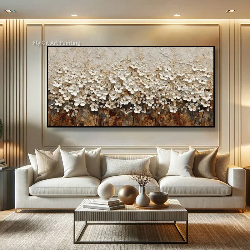 البني والأبيض الزهور الصغيرة جدار الفن سكين سميكة النفط Pianting اليدوية تصميم عصري بسيط أصفر بيج الأزهار ديكور فني