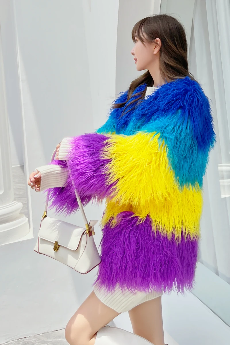 

Young 2024 Tan Wool Colorful Women's Imitation Fur Stitching Contrast Color Fashion Mid-Length Autumn and Winter Artificial