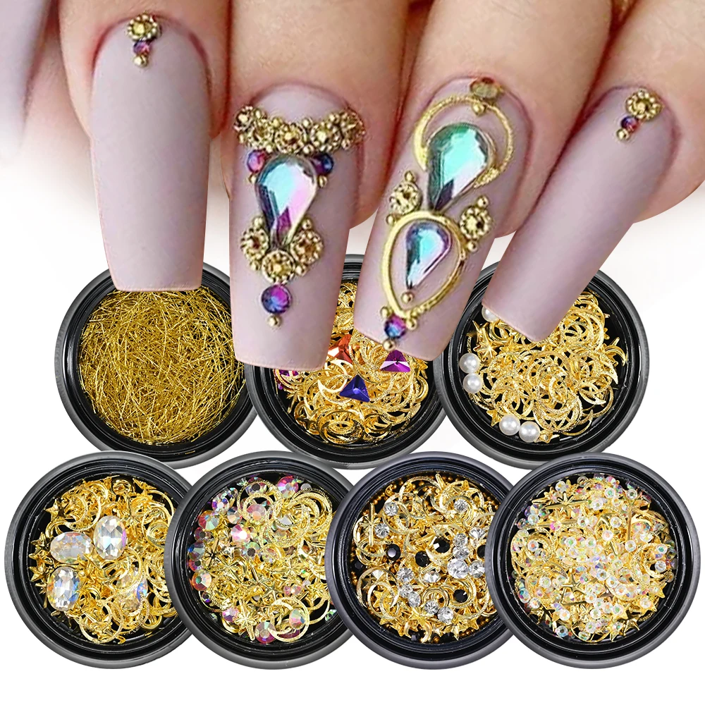 1Box Mixed AB Crystal Rhinestones Nail Charms Hollow Metal Studs 3D Moon Star Rivets Glitter Nail Art Decoration DIY Accessories
