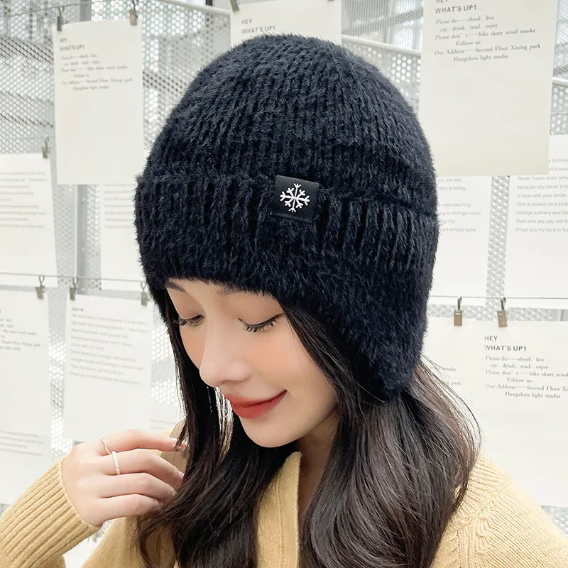 New Women Candy Colors Earflap Winter Hat Fashion Faux Fur Knitted Hat Kpop Style Soft Beanie Hats Female Streetwear Cap