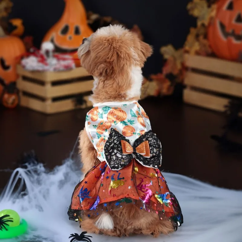 Halloween Dog Dress Pumpkin Pattern Pet Lace Skirt Funny Dog Clothes Chihuahua Bichon Puppy Festival Pet Supplies Dog Costume