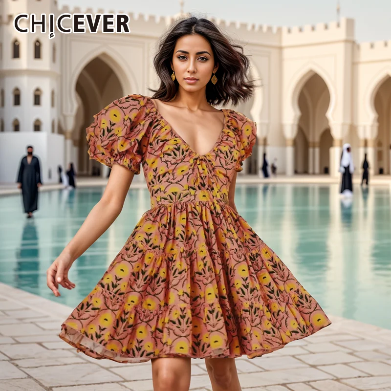 

CHICEVER Vintage Print Floral Dress For Women V Neck Puff Short Sleeve High Waist Midi Dresses Females Summer Fashion Clothing