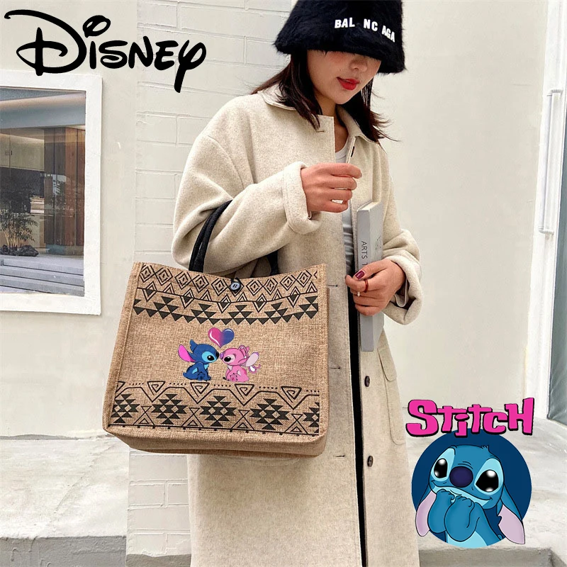 New Disney Stitch Linen Tote Bag for Women Fashion Summer Travel Beach Bag Girls Shopping Handbags Casual Harajuku Shoulder Bag