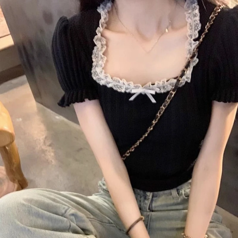 Lace Square Collar Y2K Tops For Women Summer Short Sleeve Slim Knitted Pullover T-shirt Women's Clothing Cute Patchwork Shirts