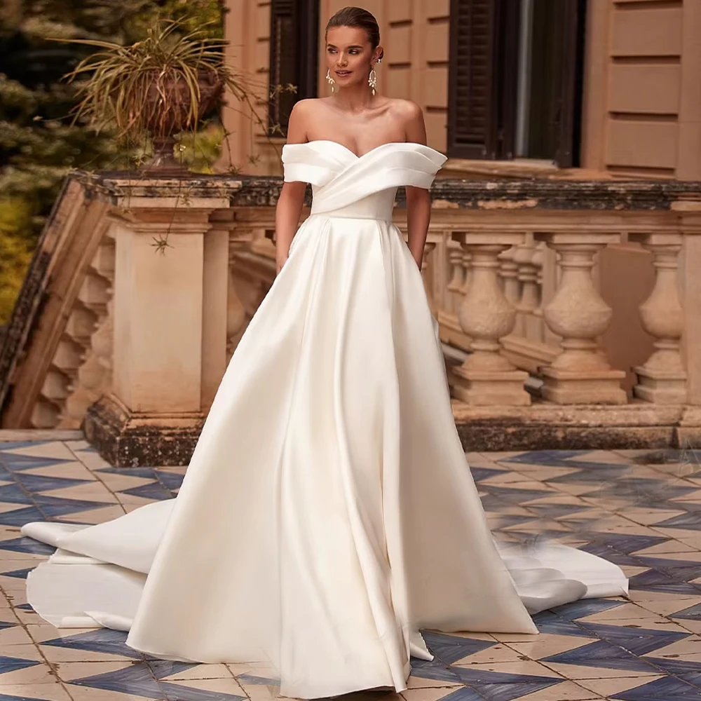 Customized Stylish Satin Ball Wedding Dresses  For Woman Bride Off the Shoulder Pleat Vestido  Floor—Length Bridal Gown